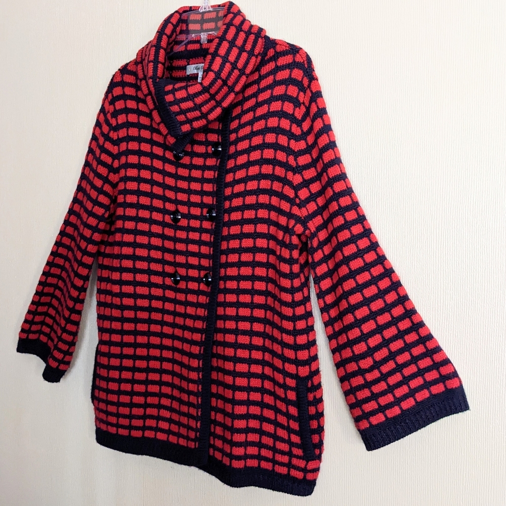 Beth Bowley Cardigan Sweater Red Blue Wool Cowl Neck Check Size Small - Picture 3 of 15